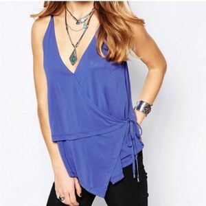 Free People Blue Asymmetrical Tie Front Tank Top